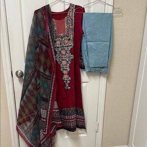 Vintage Pakistani Red & Blue Embroidered Shalwar kameez #672